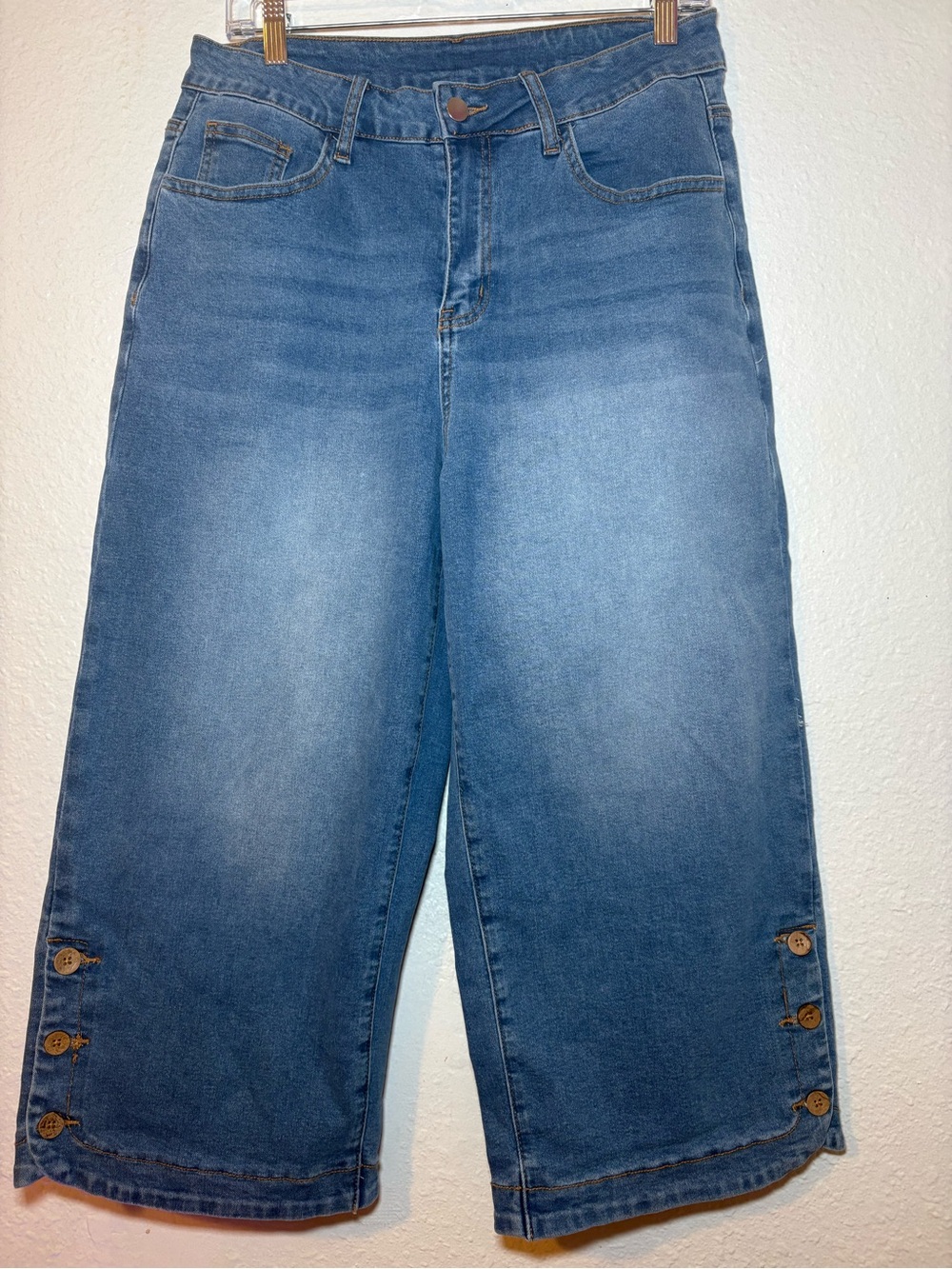 Mid Wash Blue Denim Crop Jeans with Button Hem